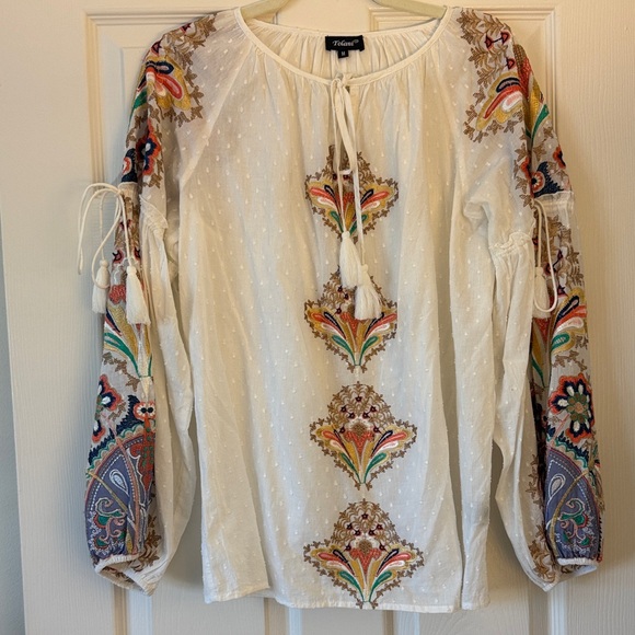 Tolani Tops - Tolani Cream Blouse with Multicolor Embroidery